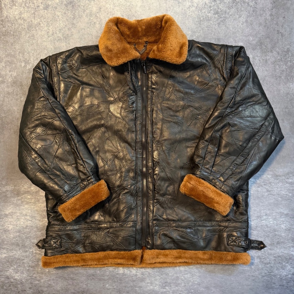 Vintage 90s Legacy Leather Patchwork Bomber Jacket XL Faux Fur Hood Black